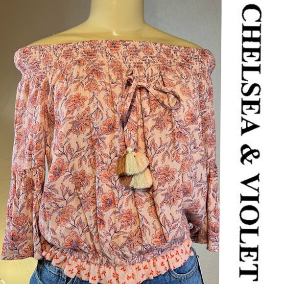 🎩🗝️ NWT $49Chelsea & Violet Boho Coral Floral Off-the-shoulder Top Size XS - Picture 4 of 5